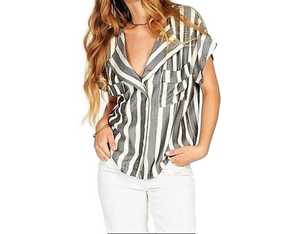 Knot Sisters Gray White Stripe Cap Sleeve Button Down Charlie Top Women's Sz S
